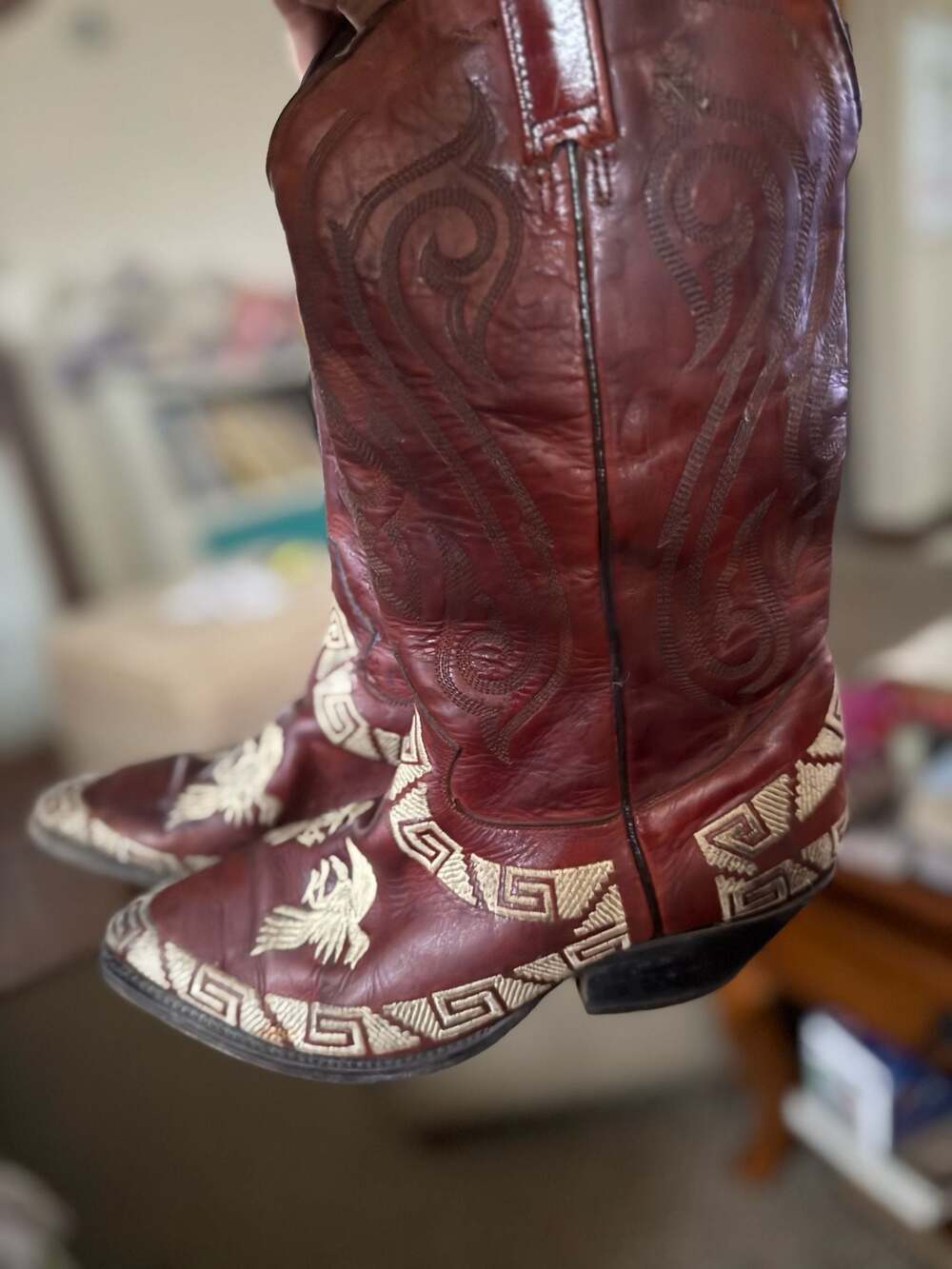 Ruiz Vintage Burgundy Leather Cowboy Boots with Greek Key and Eagle Embroidery